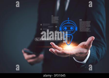 Businessman holding glowing AI assistant robot hologram with voice search bar. Concept of artificial intelligence technology, smart virtual chatbot, a Stock Photo