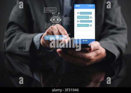 Businessman using smartphone with virtual AI assistant chatbot hologram. Concept of artificial intelligence for mobile customer service, automated cha Stock Photo