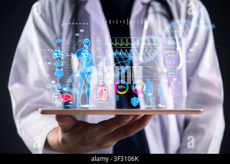 Doctor holding tablet with futuristic medical hologram interface showing human anatomy, organs, and DNA. Concept of AI diagnosis, digital hospital, an Stock Photo