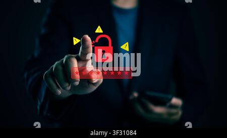 Businessman touching virtual screen with red open padlock icon and warning signs. Concept of cybersecurity breach, system hacking, wrong password, and Stock Photo