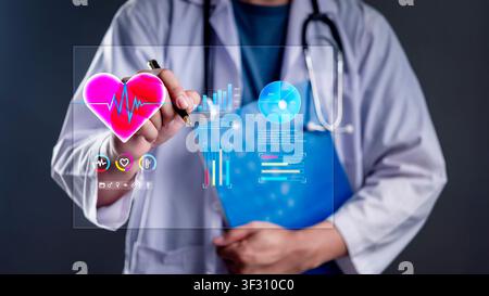 Doctor using digital interface with heart rate monitor and medical charts. Cardiologist analyzing ECG data on a futuristic holographic screen for diag Stock Photo