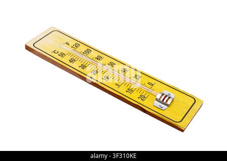 Close Up View of Yellow Wooden Wall Thermometer Scale on White Background Stock Photo