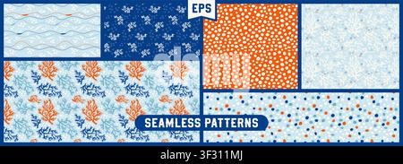 Pack with organic coral seamless patterns drawn in blue and orange color. Abstract repeated natural compositions. Stock Vector