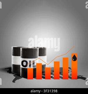 Conceptual image featuring oil barrels with a rising orange bar chart and line graph over a world map, symbolizing fluctuations and growth in the glob Stock Photo