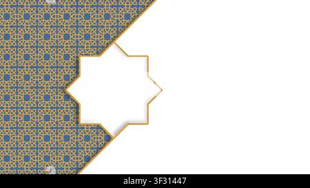 Elegant template featuring a gold geometric pattern on blue, an eight-pointed star frame, and white copy space for Ramadan, Eid, or Islamic events Stock Photo