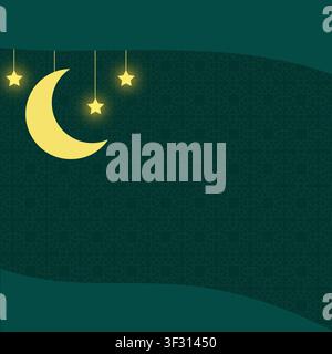 A beautiful green Islamic themed background featuring a glowing yellow crescent moon and hanging stars over a subtle geometric pattern Stock Photo