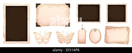 Old parchment set scrapbook elements. Worn, torn edges and grunge texture. Labels, vintage frames, background. Grunge antique letter designs, historical notes, or adventure game elements. . Vector illustration Stock Vector