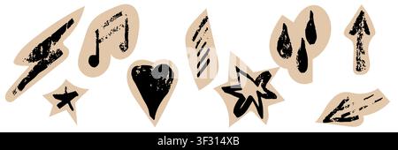 Arrow sticker paper heart shape star element line icon brush template set. Cute crayon scrapbook symbols with grunge texture and ripped collage Stock Vector