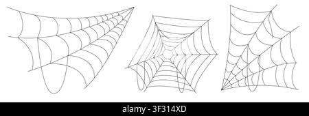 Large cobweb corner set with elegant curved threads and geometric forms. Decorative halloween spiderweb elements are isolated for borders invitations Stock Vector