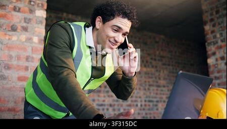 Architect, laptop and happy man with phone call on site for building discussion or planning. Male person, contractor or civil engineer talking on Stock Photo