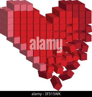 illustration of Pixelated 3D Heart with Falling Cubes Stock Vector