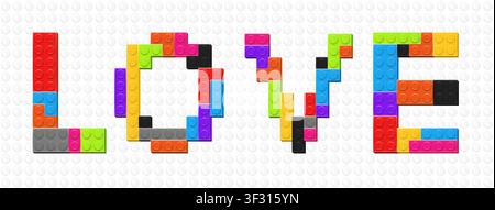LOVE inscription made with colored plastik constructor parts on white constructor plate background. Vector illustration Stock Vector