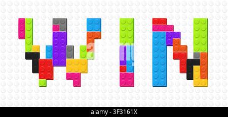 WIN inscription made with colored plastik constructor parts on white constructor plate background. Play and build concept. Vector illustration Stock Vector
