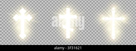 Shining gold Riligious symbols pack isolated on transparent background. Orthodox and Catholic cross. Glowing Saint cross. Easter and Christmas sign. V Stock Vector