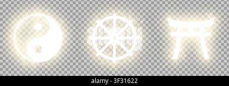 Shining gold Riligious symbols pack isolated on transparent background: Yin and Yang (Taoism sign), Wheel of Dharma (Buddhism sign), Tori Gate (Shinto Stock Vector
