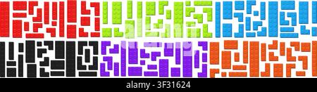 Realistic colored plastik constructor block parts isolated on transparent background. Red, green, blue, black, violet and orange parts. Play and build Stock Vector