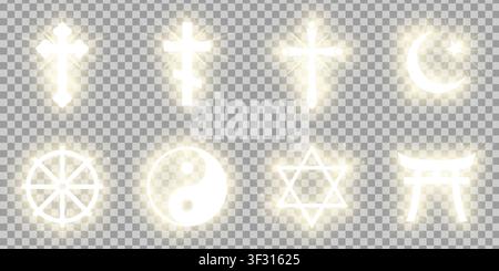 Vector shining gold riligious symbols pack: Orthodox and Catholic cross, Crescent and star (Islam), Star of David (Judaism), Wheel of Dharma (Buddhism Stock Vector