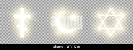 Shining gold Riligious symbols pack isolated on transparent background: Ortodox cross (Christianity), Crescent and star (Islam sign), Star of David (J Stock Vector