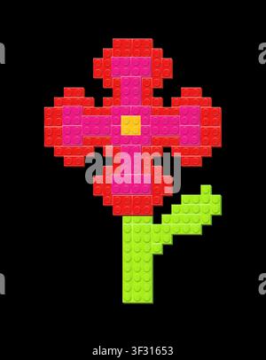 Red and pink flower with green stem made with plastik constructor parts isolated on black background. Play and build concept. Vector illustration Stock Vector