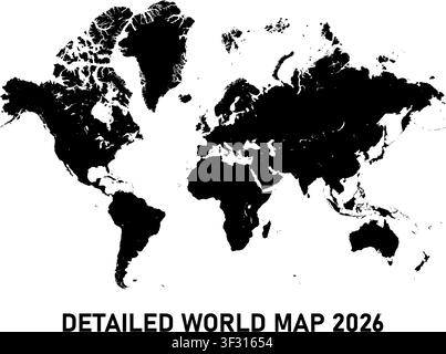 Detailed flat satelite hand drawn global black world map 2026. Earth continents blank map isolated on transparent background. Vector PNG illustration Stock Vector
