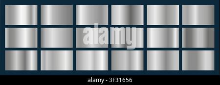 Realistic silver, aluminium, platinum steel gradient texture pack. Shiny metal foil gradient set. Vector illustration Stock Vector