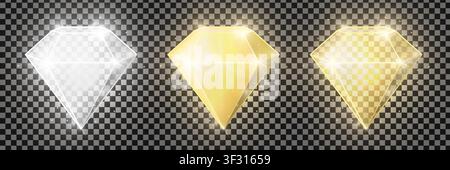 Realistic gold and silver shiny diamonds pack isolated on transparent background. Jewelry symbol. Gem stone. 3D diamond icon. Vector illustration Stock Vector