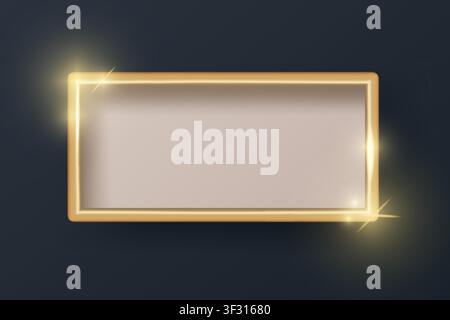 Gold shiny glowing vintage frame with shadow isolated on blue background. Golden luxury realistic square border. Vector illustration Stock Vector