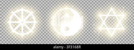 Shining gold Riligious symbols pack isolated on transparent background: Wheel of Dharma (Buddhism sign), Yin and Yang (Taoism sign), Star of David (Ju Stock Vector