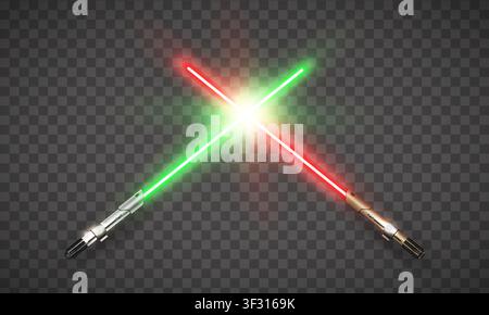 New realistic design red and green neon crossed swords isolated on transparent background. Vector illustration Stock Vector