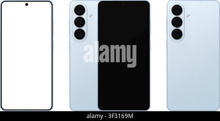 Detailed blue mobile phone with stylus mockup. Front and rear view isolated on transparent background. Vector PNG Stock Vector