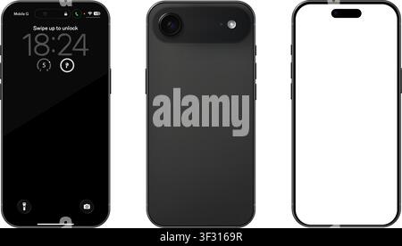 Detailed black mobile phone mockup. Front and rear view isolated on transparent background. Vector PNG Stock Vector