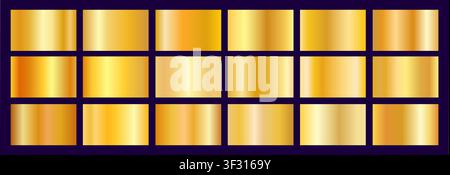 Realistic gold, golden, foil gradient texture pack. Shiny golden metal foil gradient set. Vector illustration Stock Vector