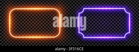 Realistic orange and purple rectangle led neon tube frames isolated on transparent background. Light effect photo frame. Detailed vector illustration Stock Vector