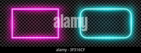 Realistic pink and turquoise rectangle led neon tube frames isolated on transparent background. Light effect photo frame. Detailed vector illustration Stock Vector
