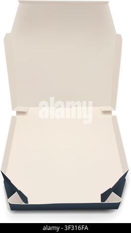 Photorealistic ivory and blue opened paper cardboard pizza box mockup isolated on transparent background. Food delivery degradable package. Vector PNG Stock Vector