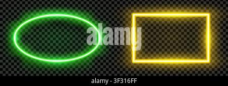 Realistic green oval and yellow rectangle led neon tube frames isolated on transparent background. Light effect photo frame. Detailed vector illustrat Stock Vector