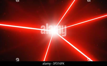 Red realistic laser beam background. Laser rays with explosion on black ambient background. Modern style abstract. Bright shiny lasers pattern. Vector Stock Vector
