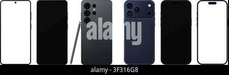 Detailed blue and black mobile phone mockup pack with stylus. Front and rear view isolated on transparent background. Vector PNG Stock Vector