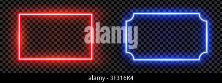 Realistic red and blue rectangle led neon tube frames isolated on transparent background. Light effect photo frame. Detailed vector illustration Stock Vector