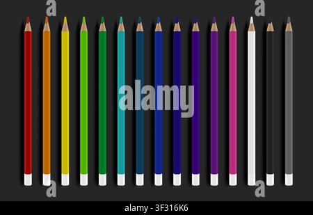Wooden realistic color pencils with shadows pack isolated on black background. Drawing colors, multicolors. Back to school concept. Vector illustratio Stock Vector