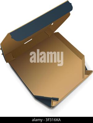 Photorealistic yellow and blue opened paper cardboard pizza box mockup isolated on transparent background. Food delivery degradable package. Vector PN Stock Vector