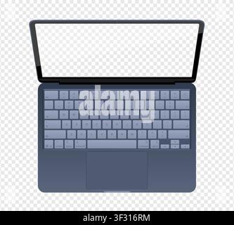 Photorealistic detailed blue notebook mockup. Front view of opened notebook with keyboard isolated on transparent background. Vector illustration Stock Vector