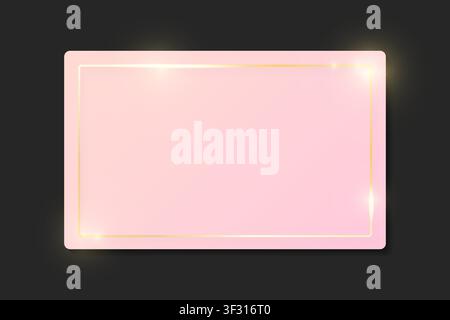 Gold shiny rectangle glowing vintage frame on pink plate isolated on grey. Golden luxury realistic border. Wedding, mothers or Valentines day concept. Stock Vector