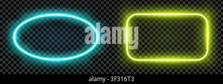 Realistic cyan oval and lime rectangle led neon tube frames isolated on transparent background. Light effect photo frame. Detailed vector illustration Stock Vector