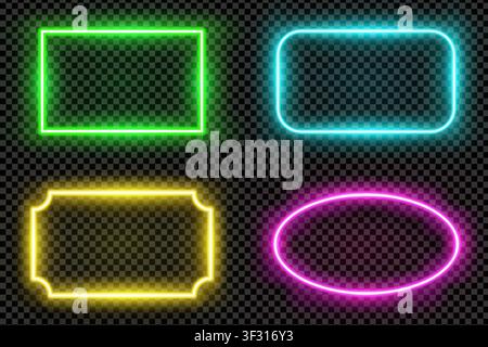Realistic oval and rectangle colored led neon tube frames isolated on transparent background. Light effect photo frame. Detailed vector illustration Stock Vector