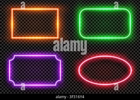 Realistic oval and rectangle colored led neon tube frames isolated on transparent background. Light effect photo frame. Detailed vector illustration Stock Vector