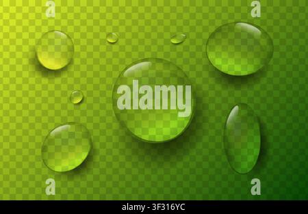Realistic water drops pack isolated on transparent green background. Detailed aqua liquid droplets set with glossy 3D effect. High quality vector Illu Stock Vector