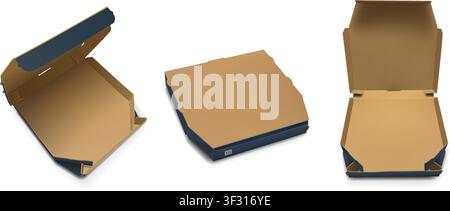 Photorealistic yellow and blue paper cardboard pizza box mockup pack isolated on transparent background. Food delivery degradable package. Vector PNG Stock Vector