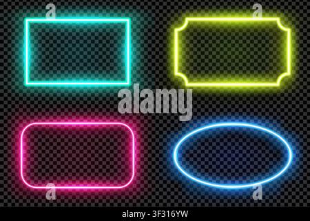 Realistic oval and rectangle colored led neon tube frames isolated on transparent background. Light effect photo frame. Detailed vector illustration Stock Vector