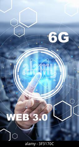 A hand touches a glowing digital interface with 6G and Web 3.0 text, symbolizing advanced connectivity, decentralization, and the future of the intern Stock Photo